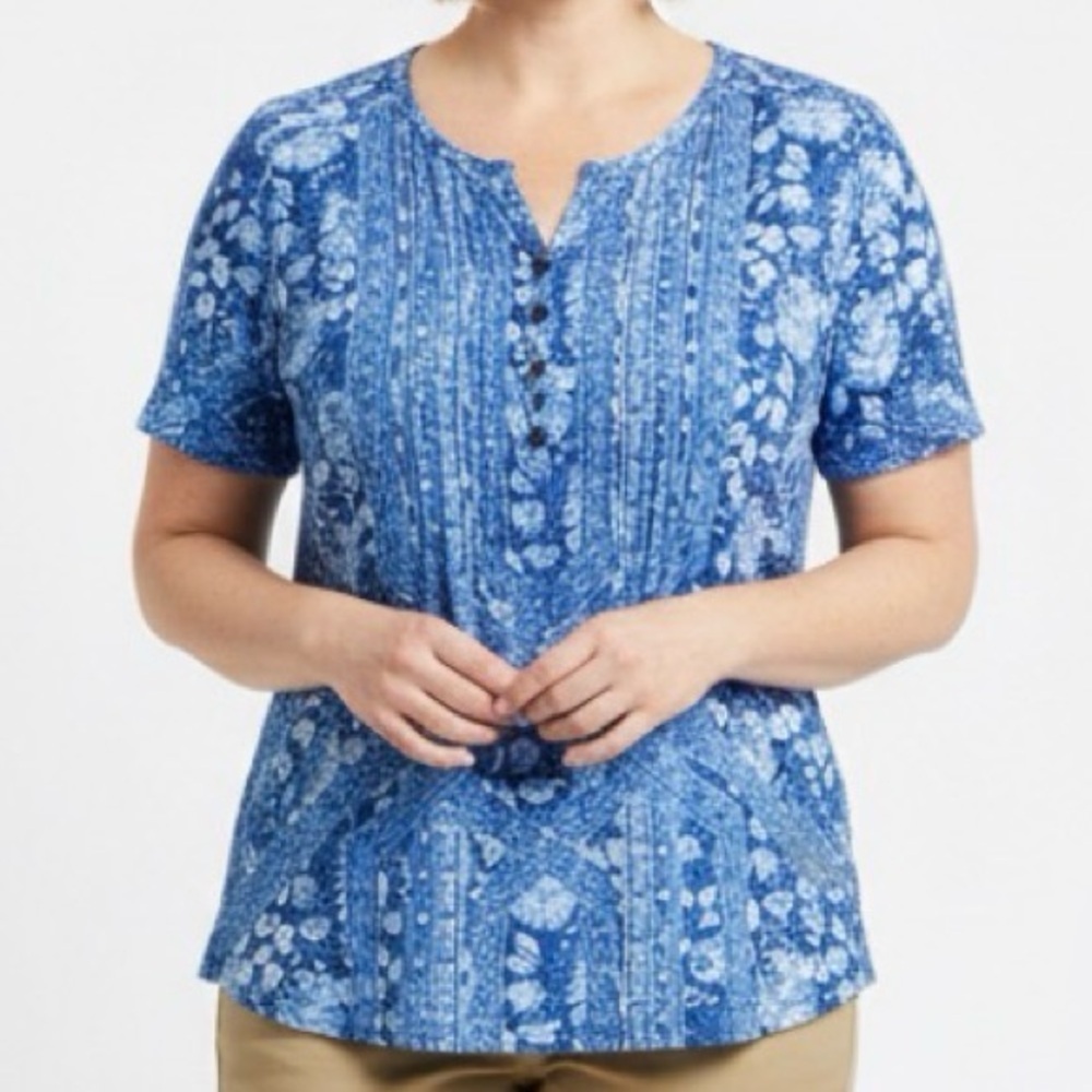 Lucky Brand Blue White Boho Floral Pileated V-Neck Tunic Blouse Top Plus Size 1X